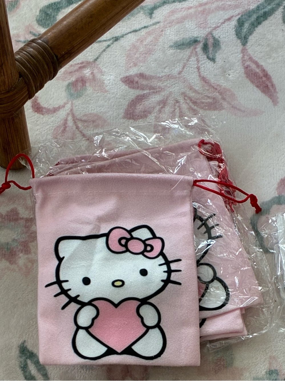 Hello Kitty Pink Heart Drawstring Accessory Bag with Red Cord